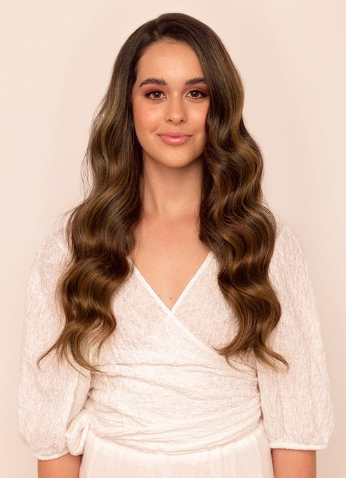 20 Inch Long, Seamless Clip-In Hair Extensions, Balayage in Mocha and Medium Brown
